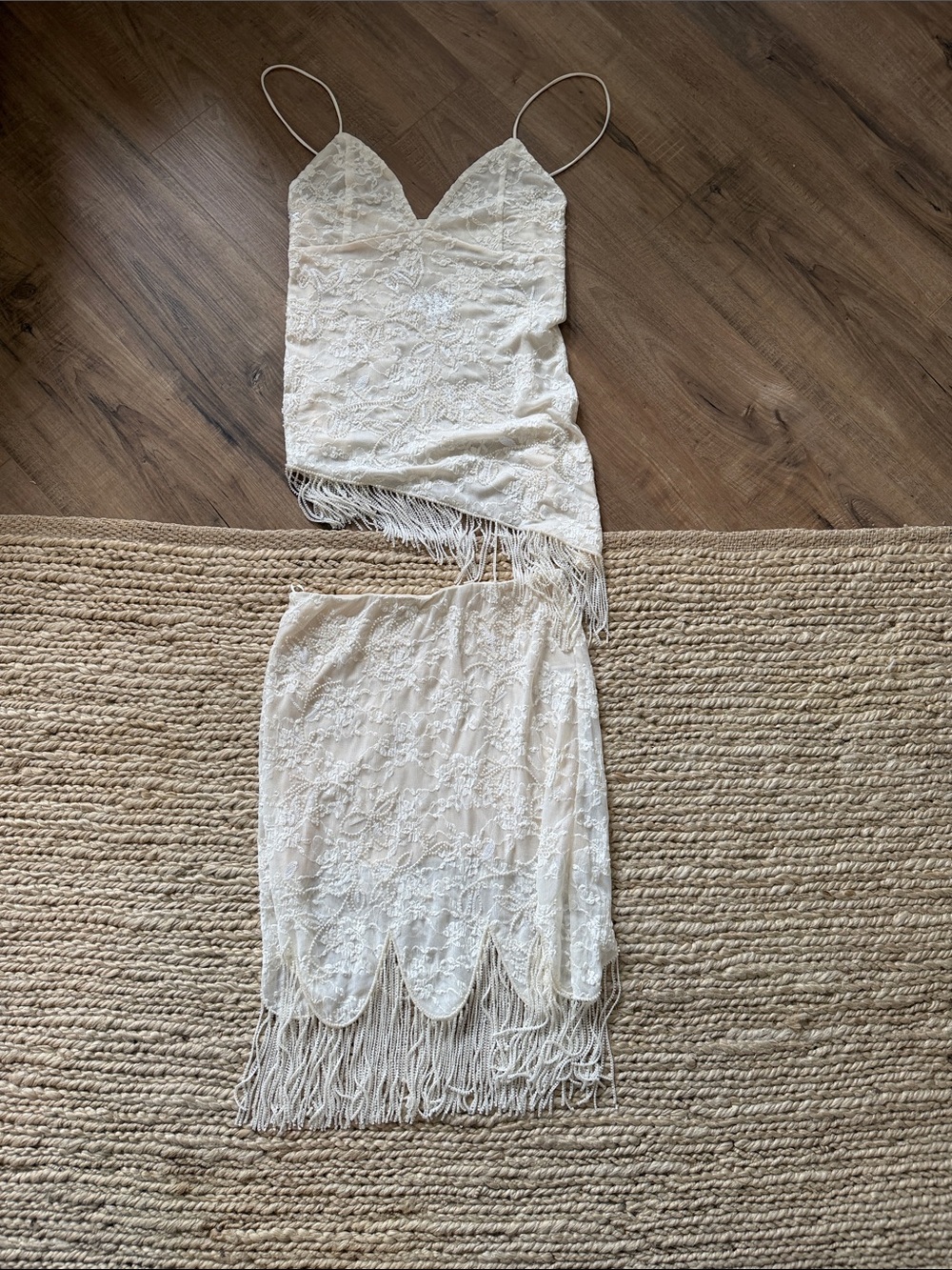 Lace Beaded Fringe Matching Set - Cream